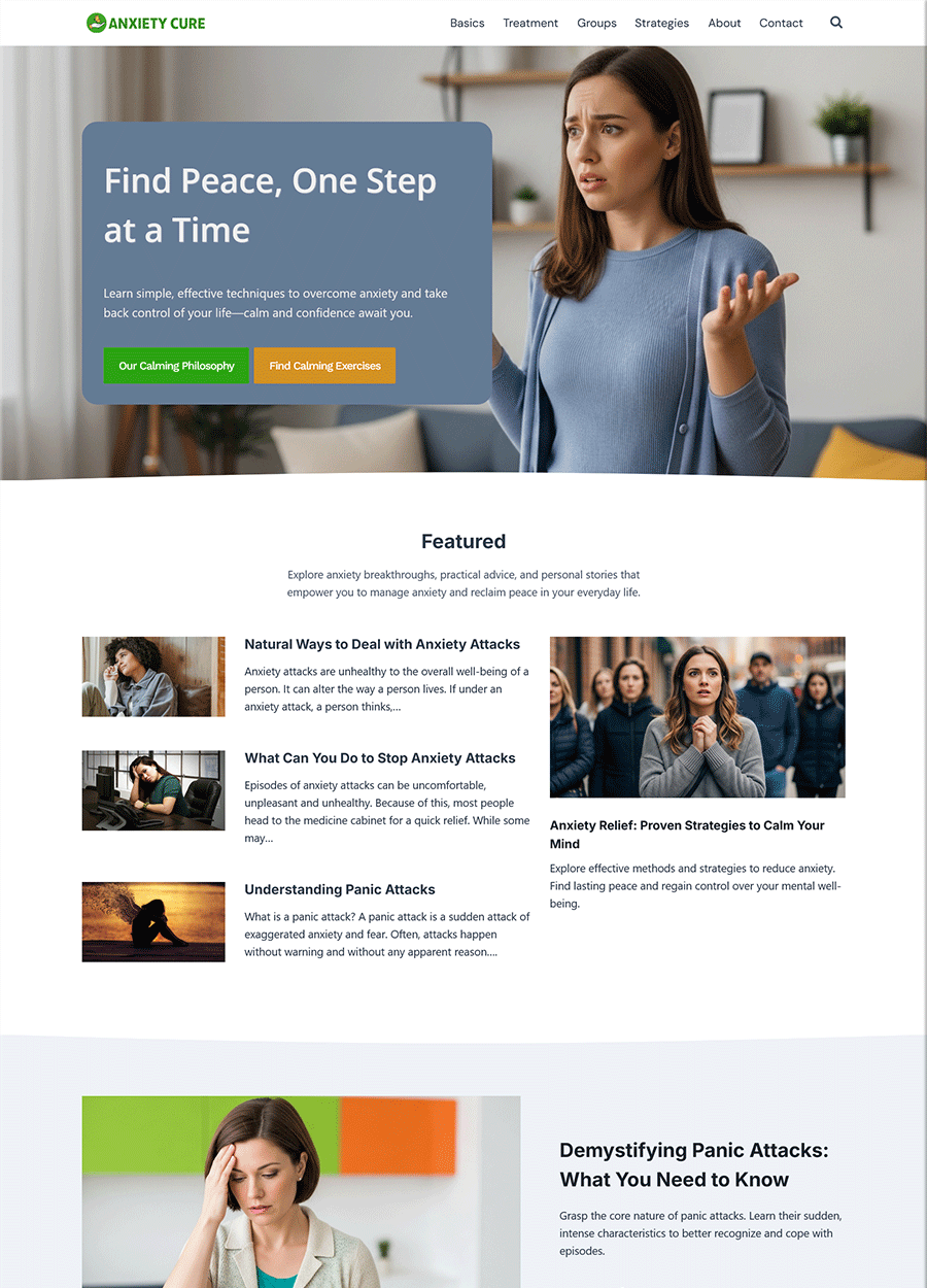 Screenshot of a professional website template for curing anxiety.