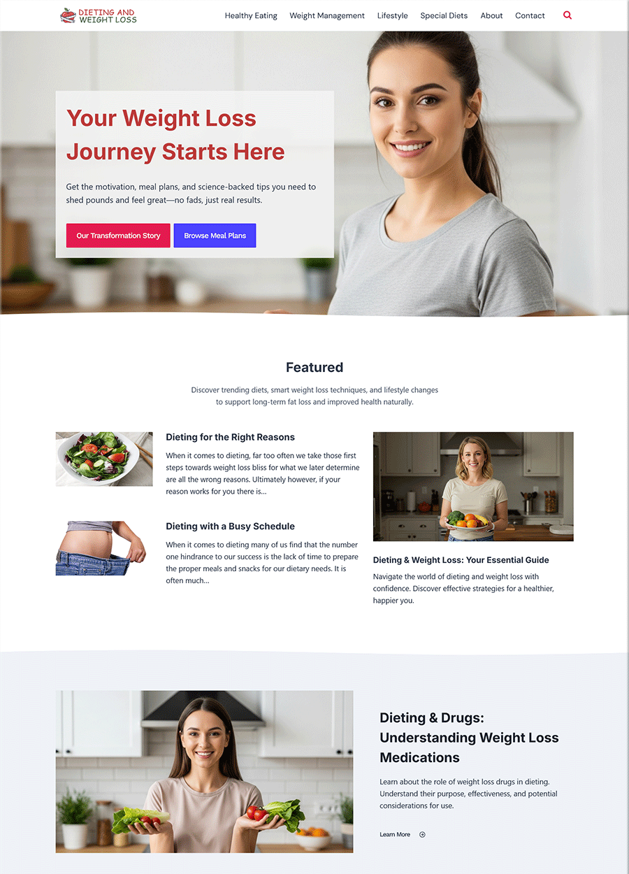 Modern Dieting and Weight Loss Website Template Screenshot of a modern dieting and weight loss website template.