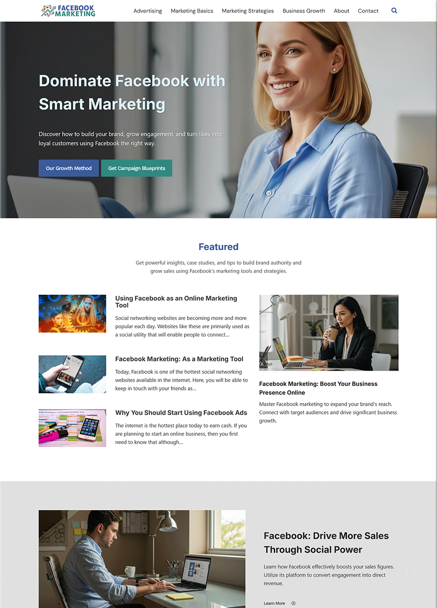 High-Converting Facebook Marketing Website Template Screenshot of a high-converting Facebook marketing website homepage.