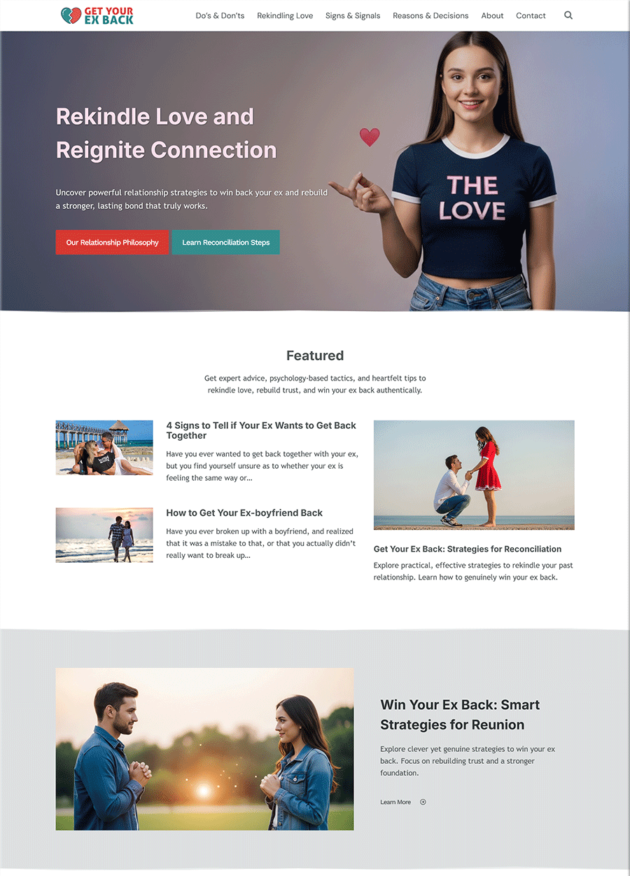 Elegant Get Your Ex Back Website Template Homepage Screenshot of an elegant website template about getting your ex back.
