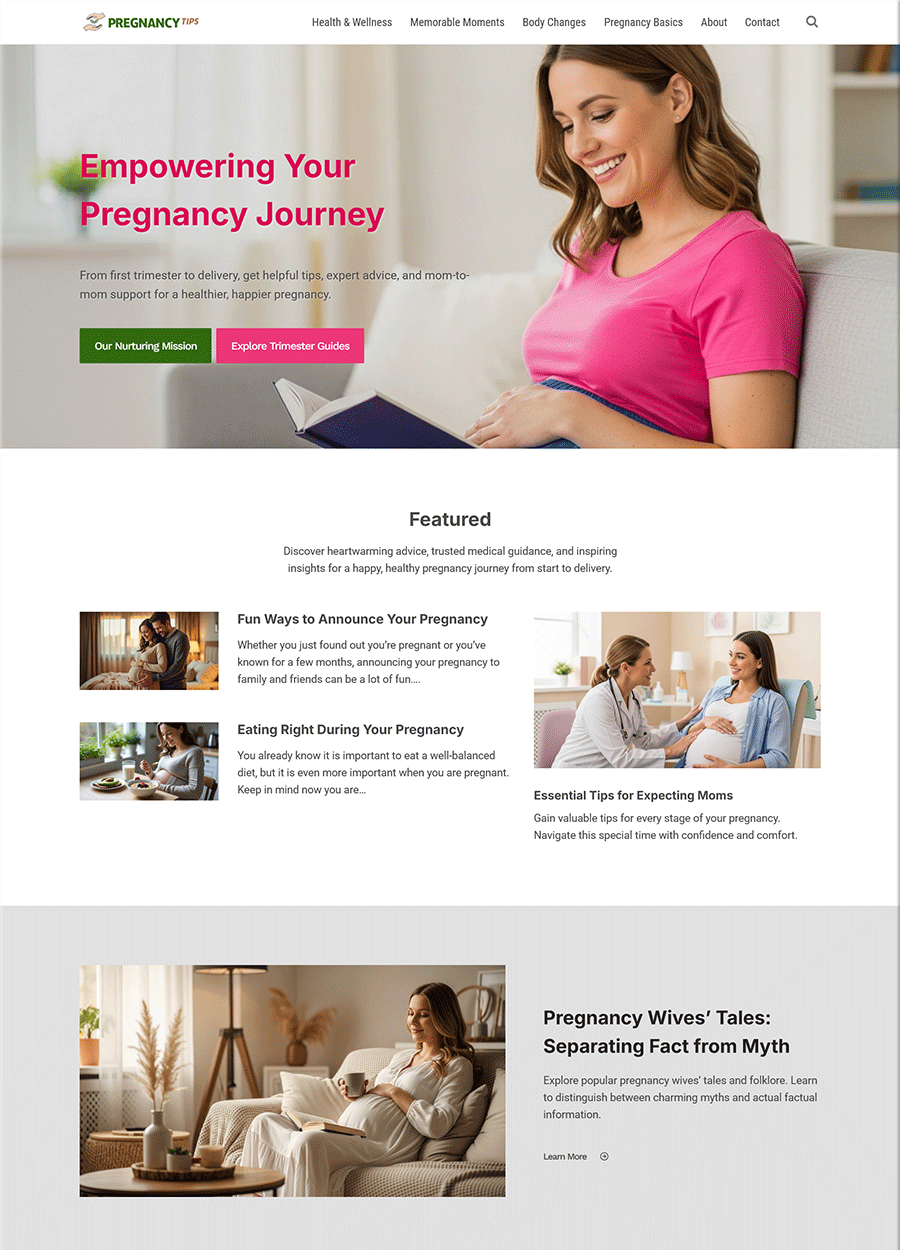 Elegant Pregnancy Tips Website Template Homepage Screenshot of an elegant pregnancy tips website template homepage.