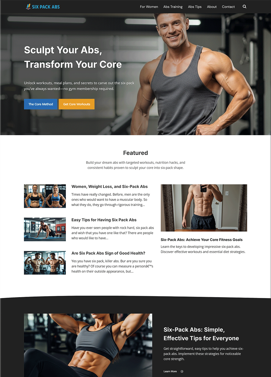 Screenshot of a professional six-pack abs workout website template.