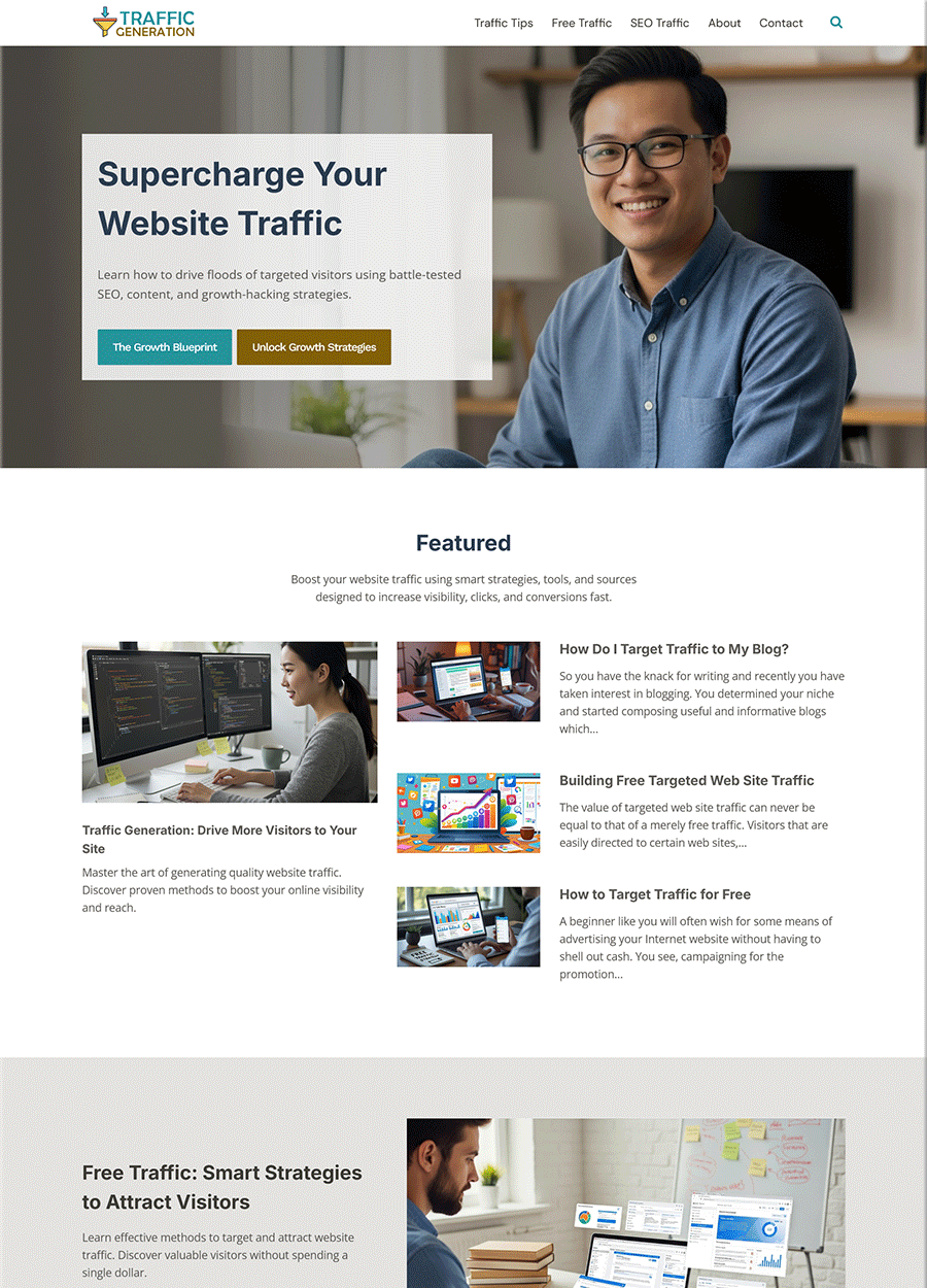 Screenshot of a modern website template for traffic generation.