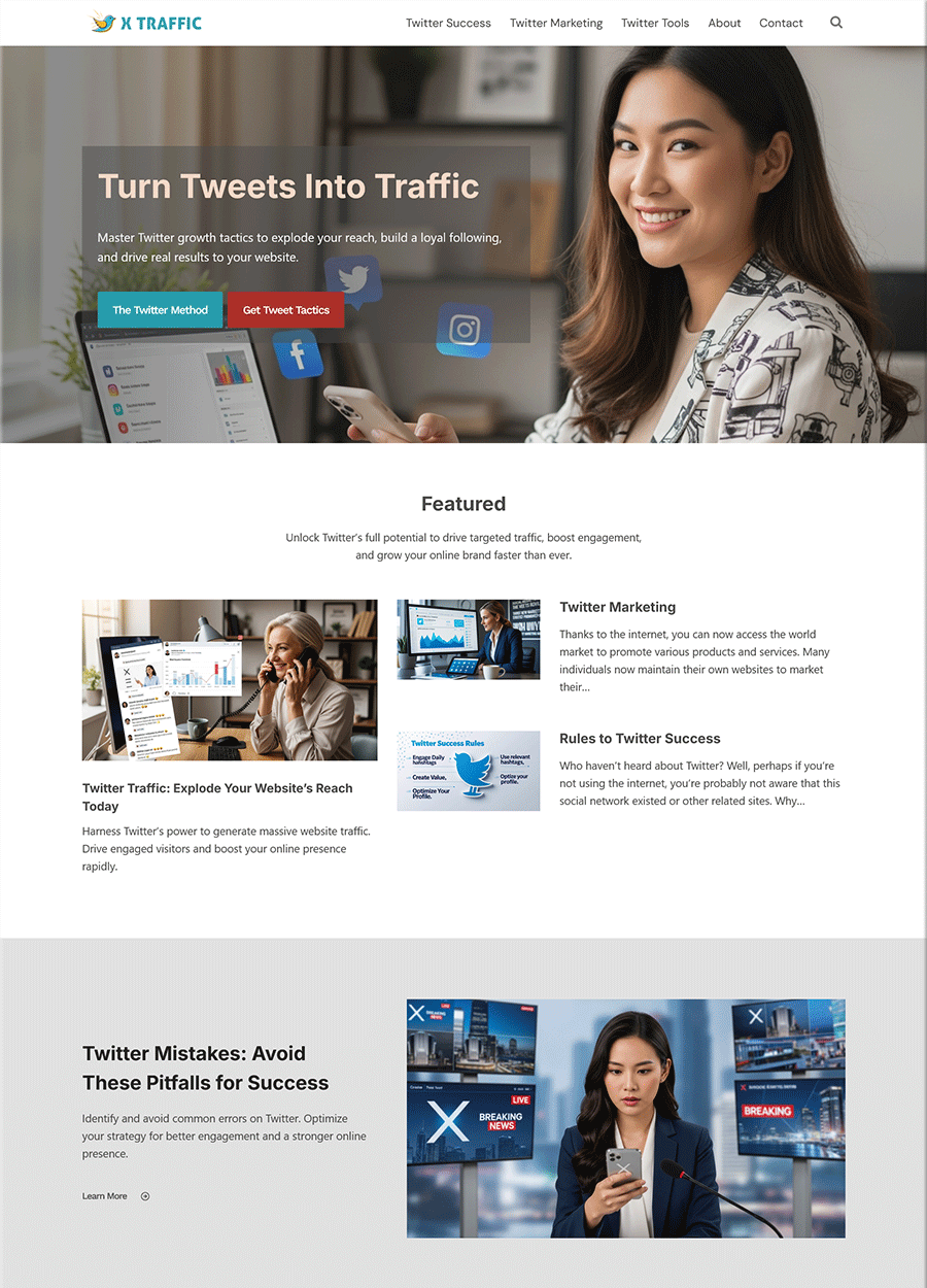 Premium Twitter Traffic Website Template Homepage Screenshot of a premium Twitter traffic explosion website template.