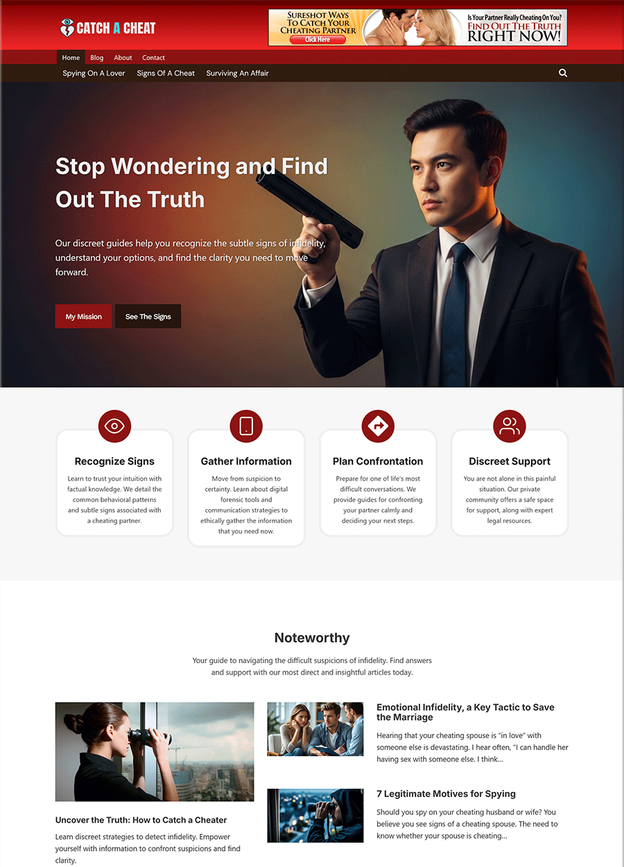 Truth-Revealing Catch a Cheat Website Screenshot of a website template for catching a cheating partner.