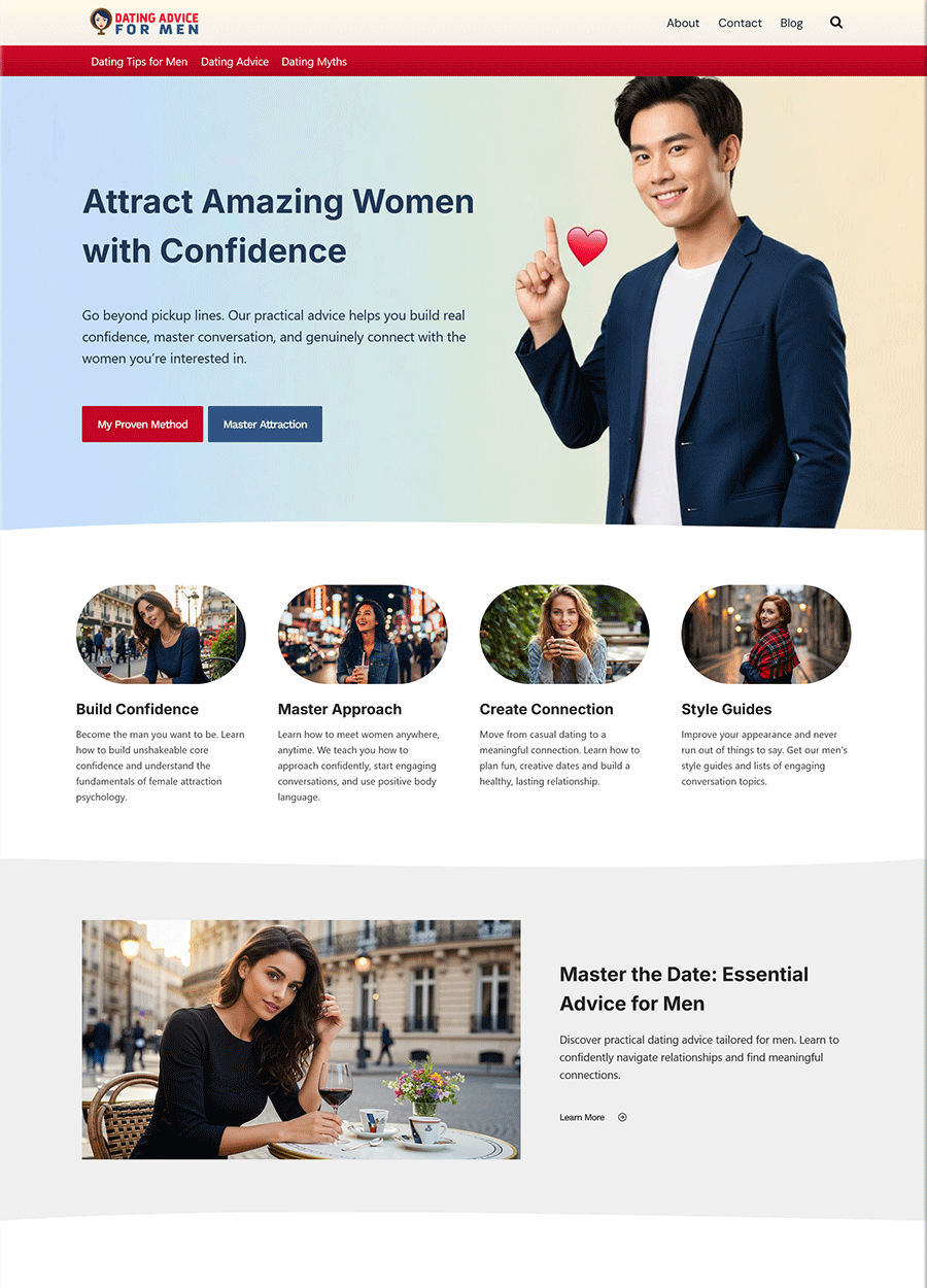 Confident Dating Advice for Men Website Screenshot of a website template with confident dating advice for men.