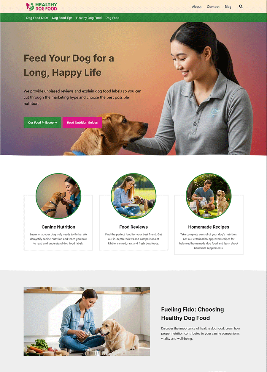 All-Natural Healthy Dog Food Website Template Screenshot of a ready-made website for all-natural dog food.