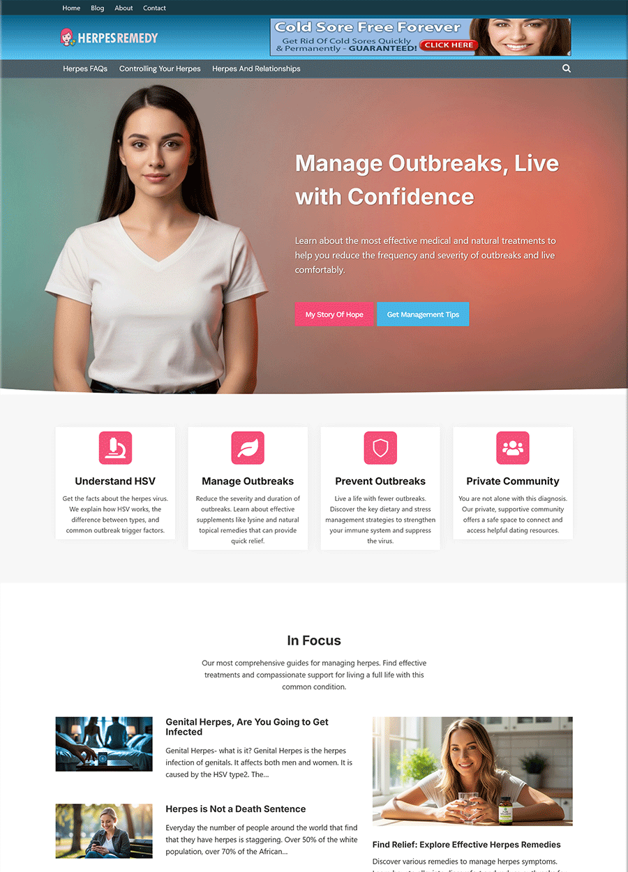 Relief-Focused Herpes Remedy Website Template Screenshot of a premade website template for herpes relief.