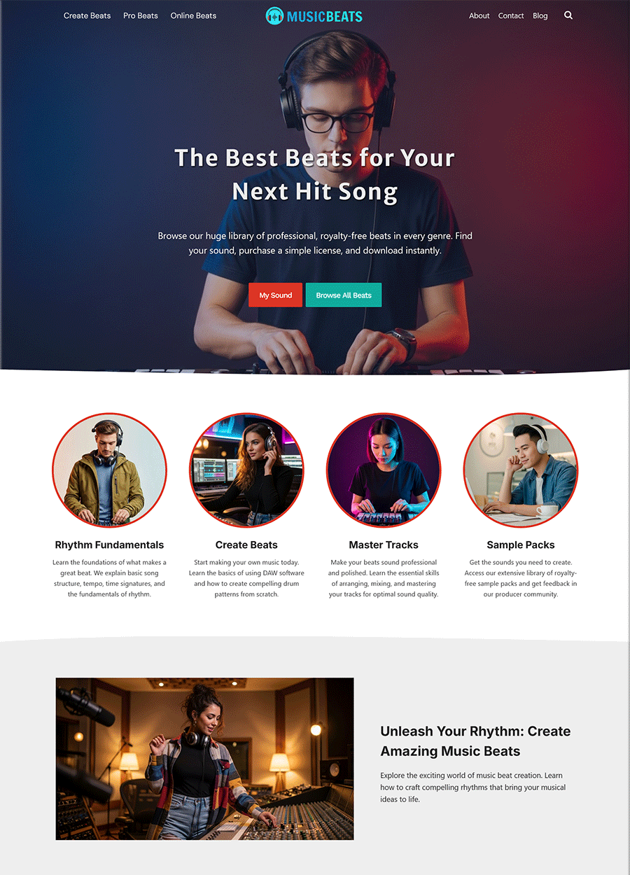 Chart-Topping Music Beats Website Template Screenshot of a turnkey website template for selling music beats.