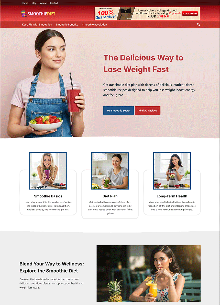 Screenshot of a modern, ready-made website for a smoothie diet.
