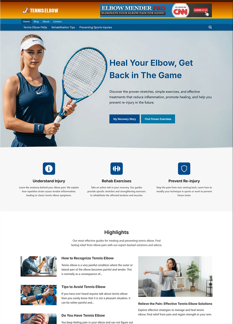 Screenshot of a ready-made website for tennis elbow pain relief.