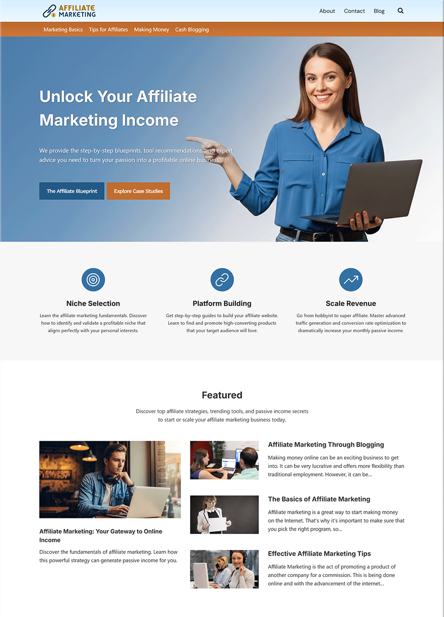 Premium Affiliate Marketing Website Template Screenshot of a premium affiliate marketing ready-made website.