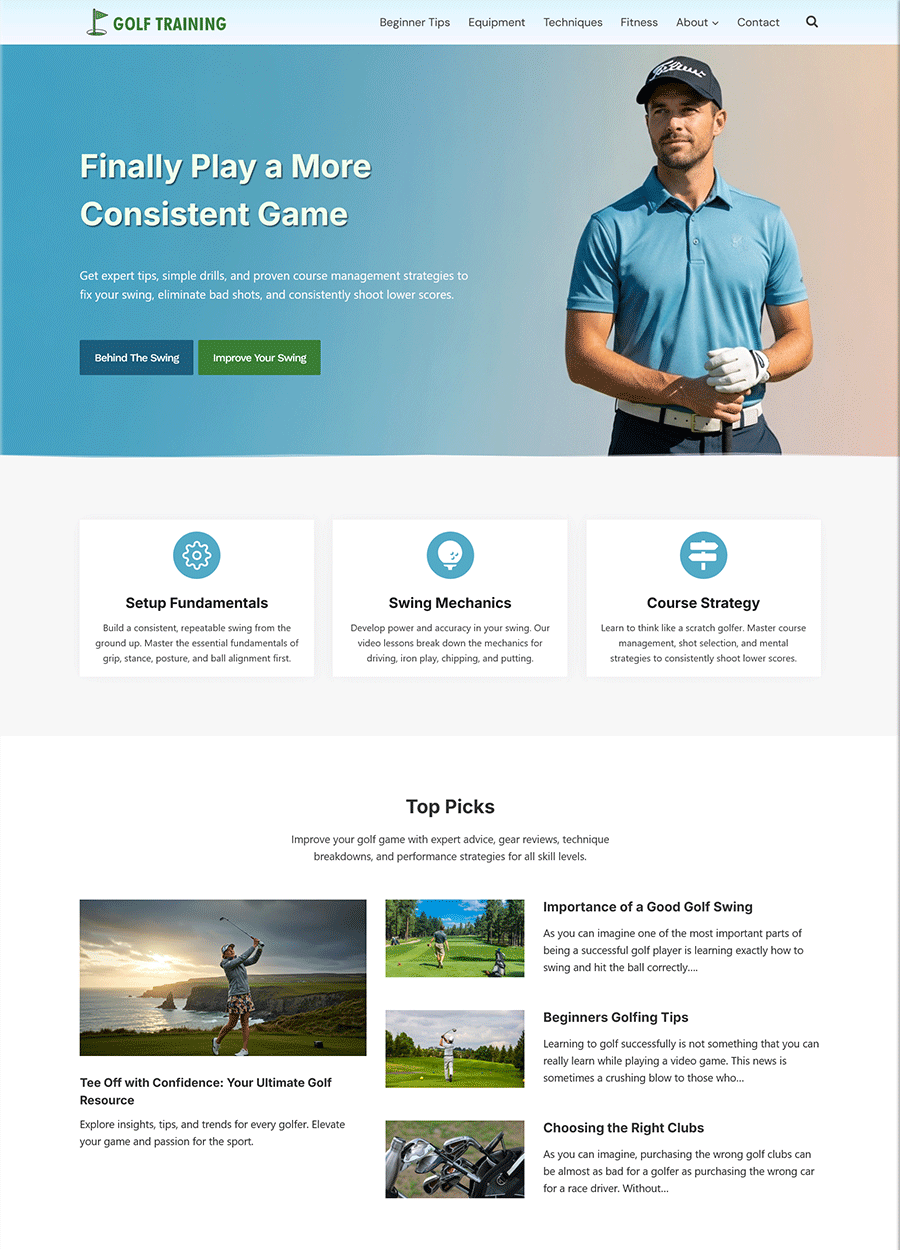 Screenshot of a professional golf blog website template homepage.