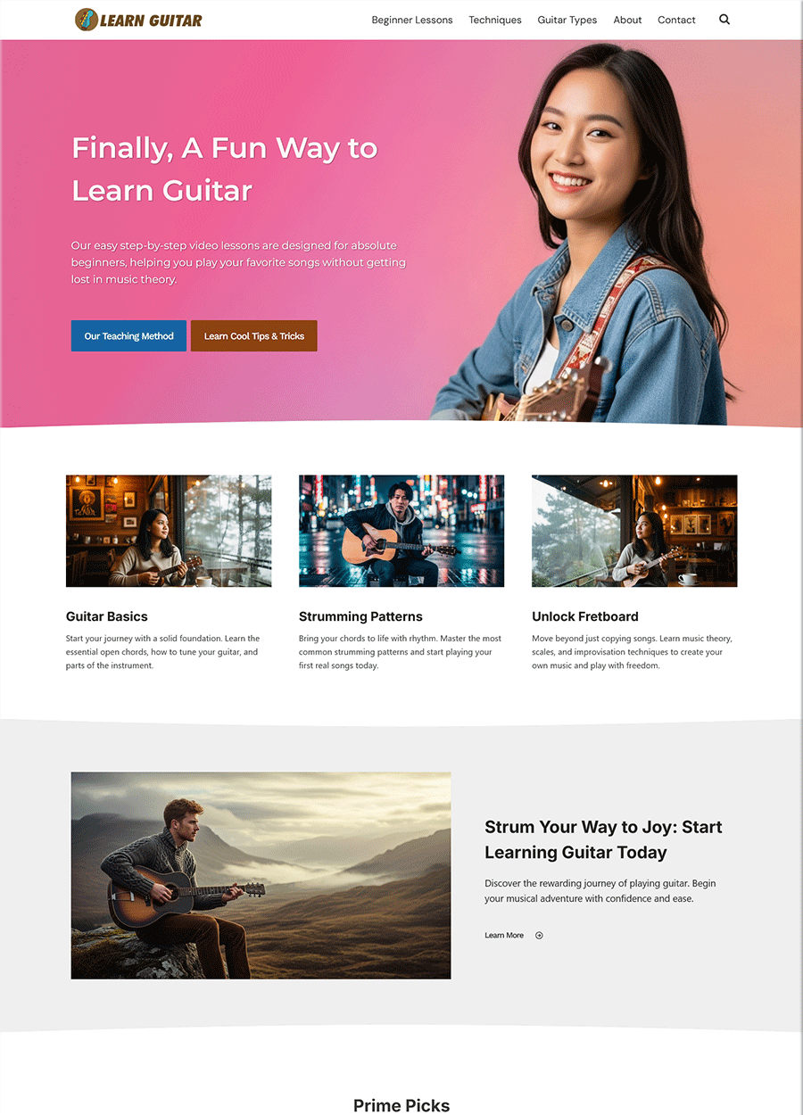 Screenshot of a complete website template for learning guitar.