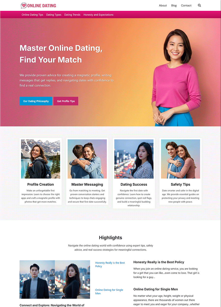 Modern Online Dating Website Template Screenshot of a modern online dating website template homepage.