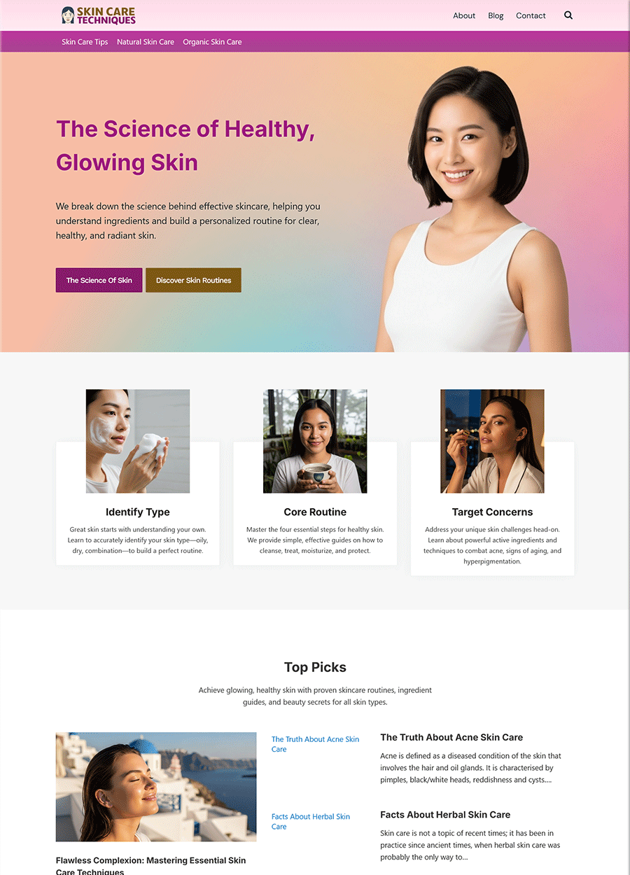Screenshot of an elegant skin care techniques website template.