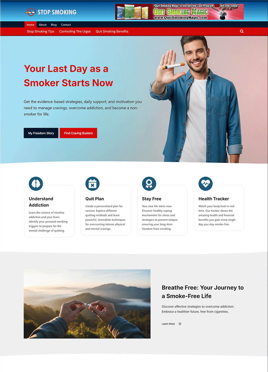Screenshot of a clean and modern stop smoking website template.
