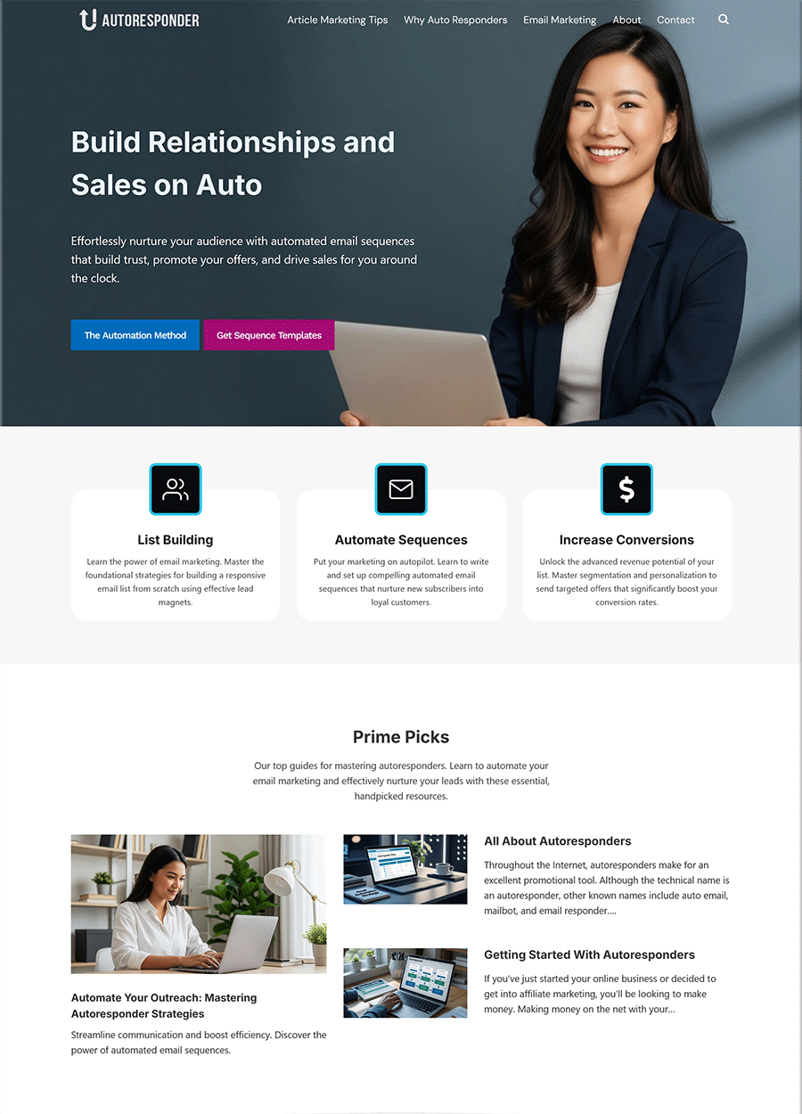 Screenshot of a professional autoresponder service website template.