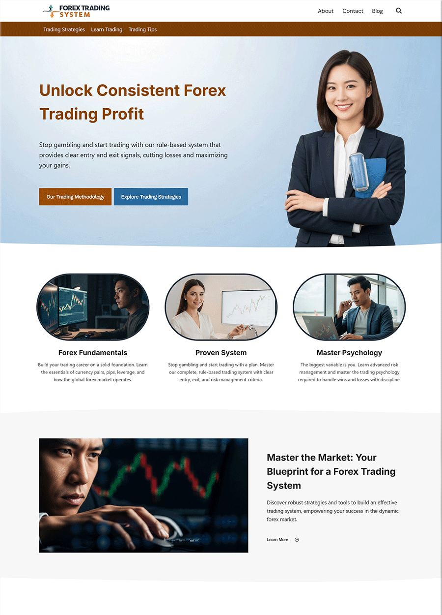 Professional Forex Trading Website Template Screenshot of a professional forex trading system website design.