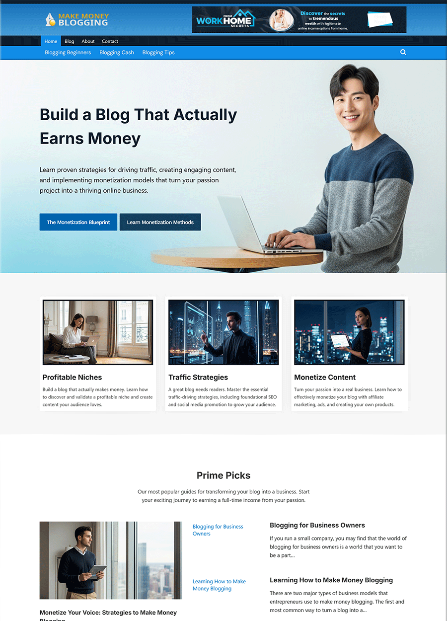 Screenshot of a complete website template for a make-money-blogging site.