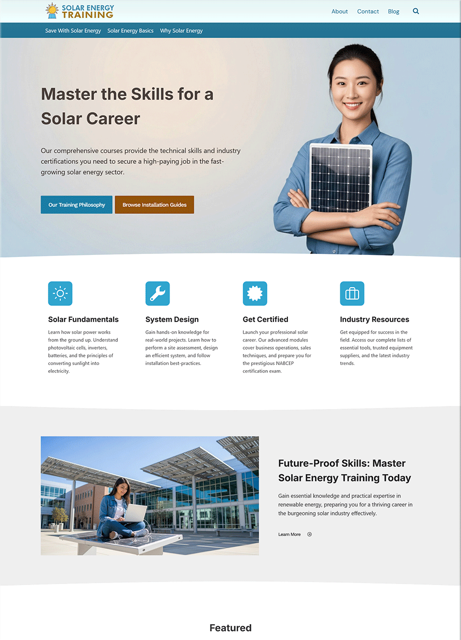 Modern Solar Energy Training Website Template Screenshot of a modern solar energy training website template homepage.