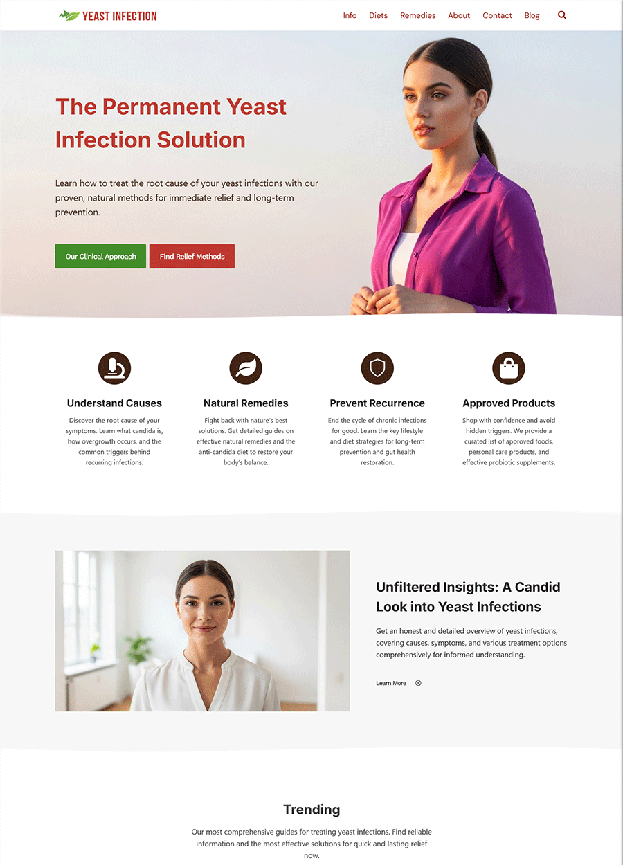 Screenshot of a professional yeast infection treatment website template.