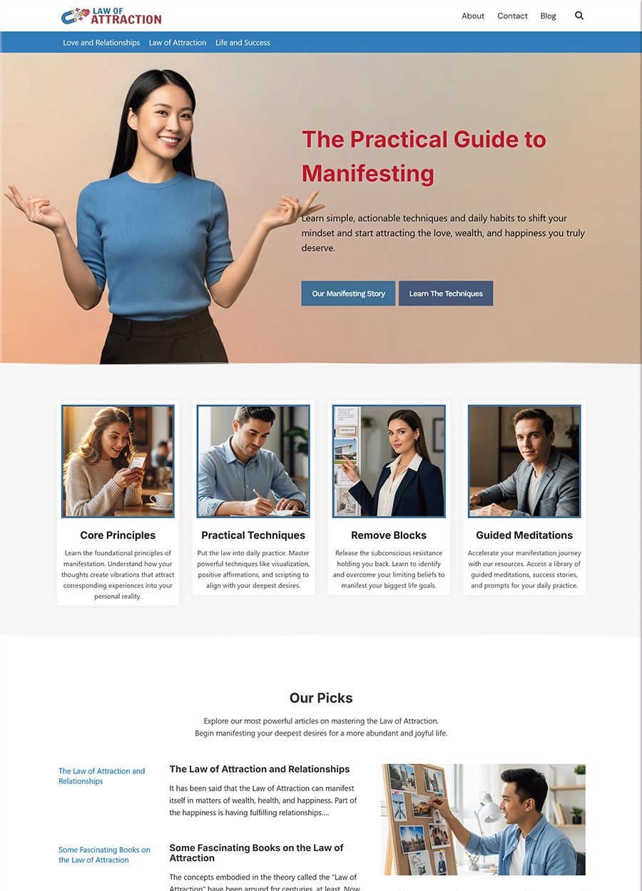Premium Law of Attraction Website Template Screenshot of a premium Law of Attraction pre-made website homepage.