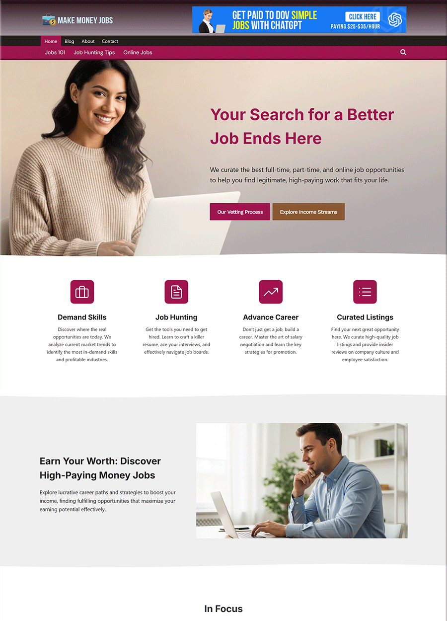 Screenshot of a high-converting website template for making money jobs.