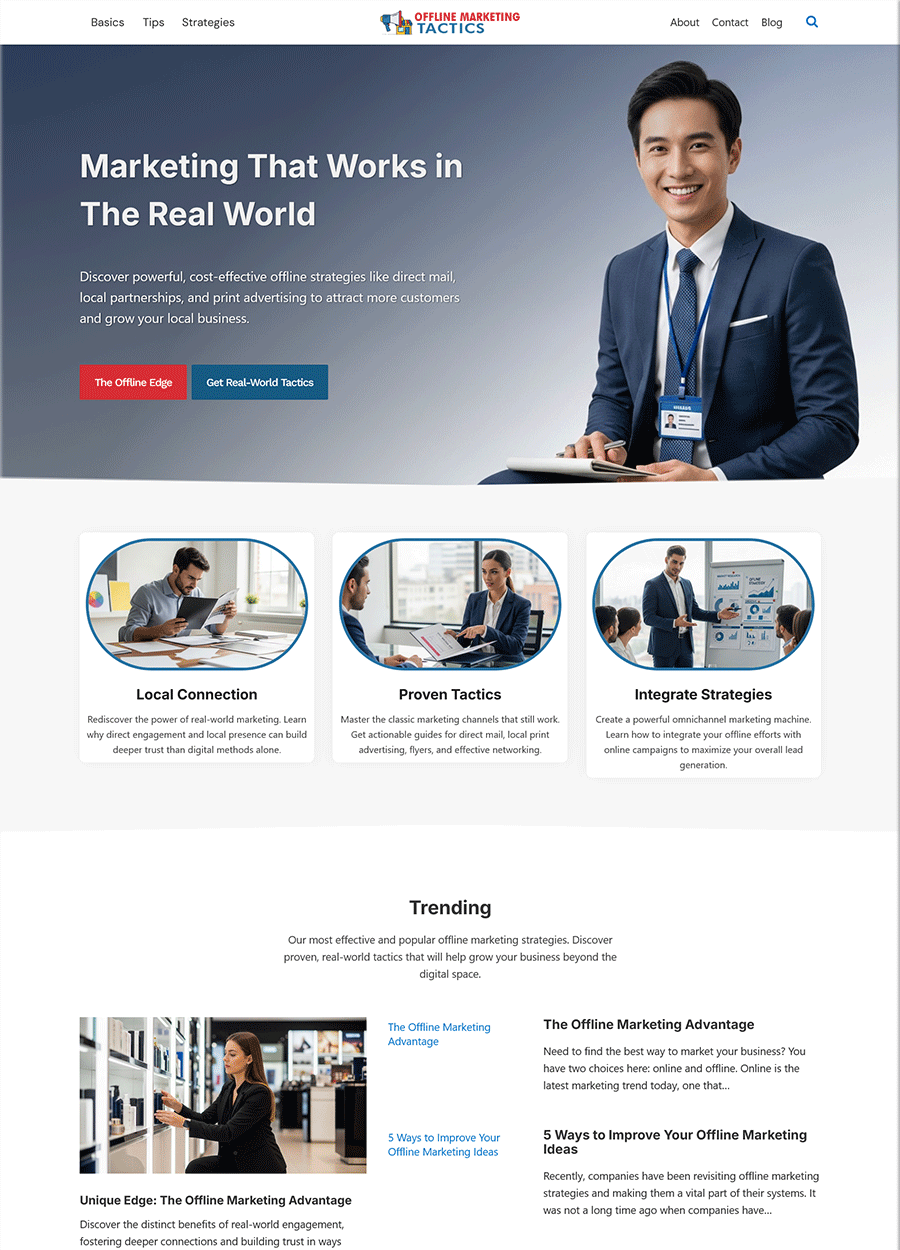 Strategic Offline Marketing Website Template Screenshot of a strategic offline marketing tactics website template.