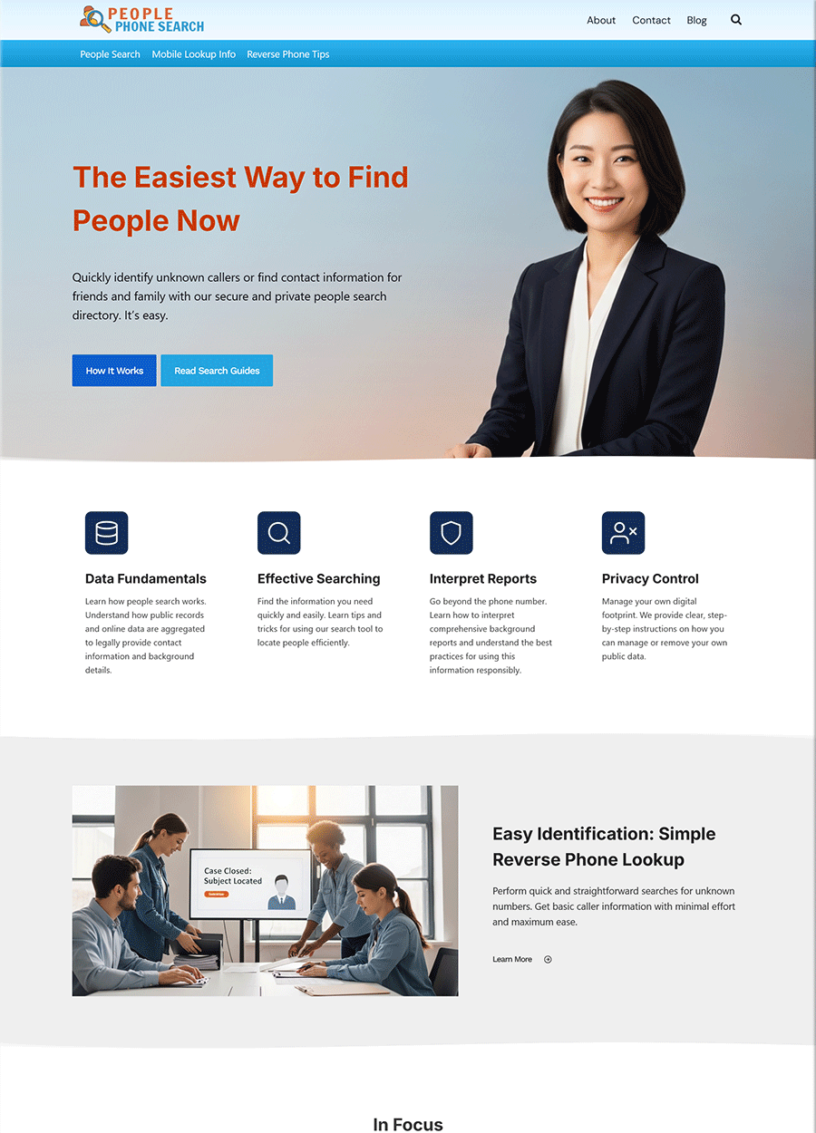 Screenshot of a professional people and phone search website design.