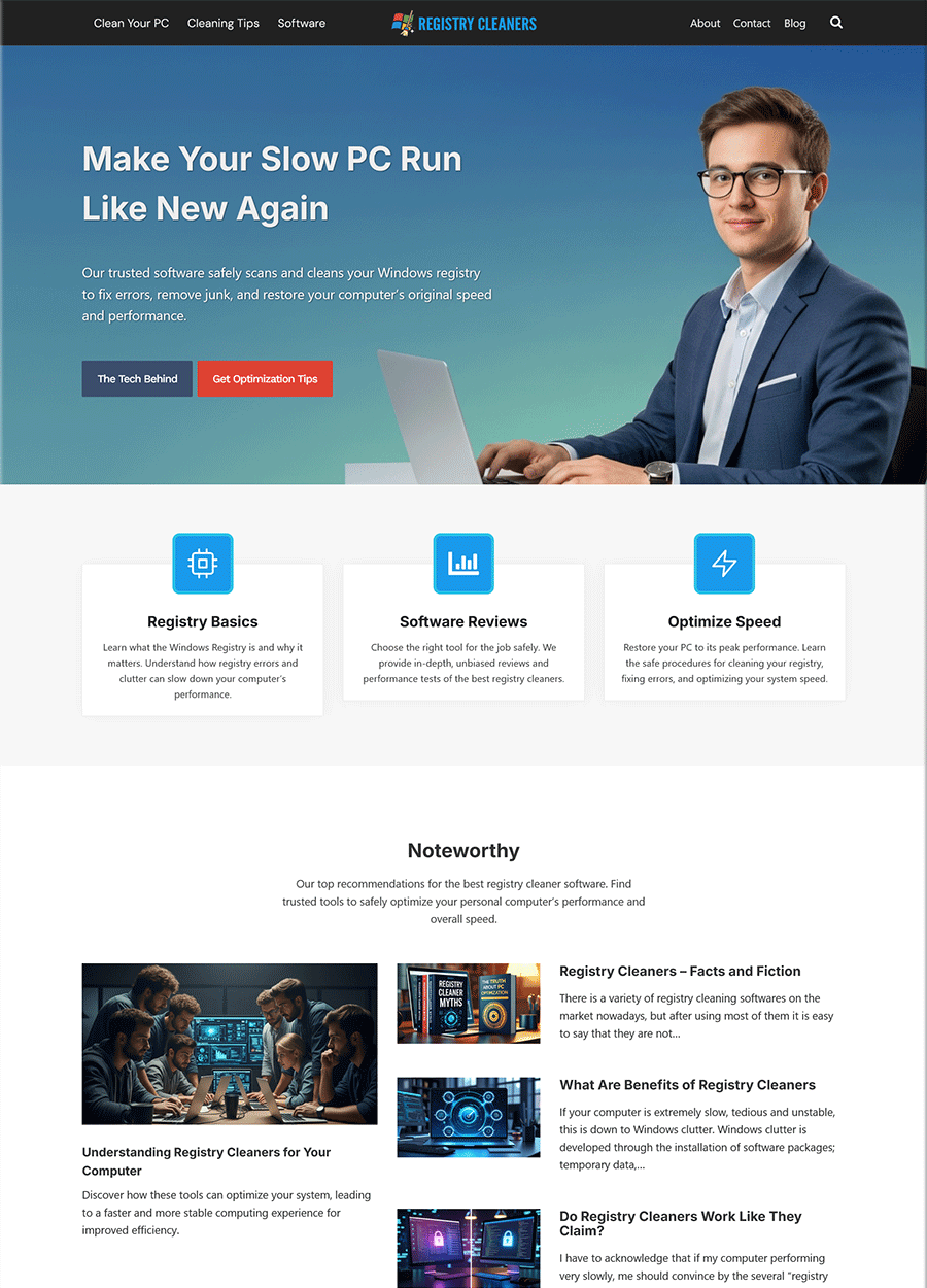 Screenshot of a clean website template for registry cleaner software.