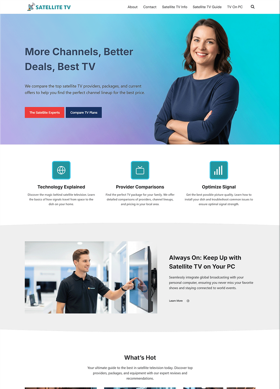 Professional Satellite TV Website Design Screenshot of a professional satellite TV turnkey website template.