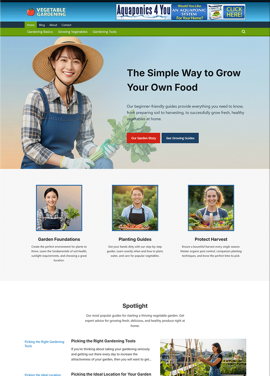 Screenshot of a modern vegetable gardening pre-made website template.
