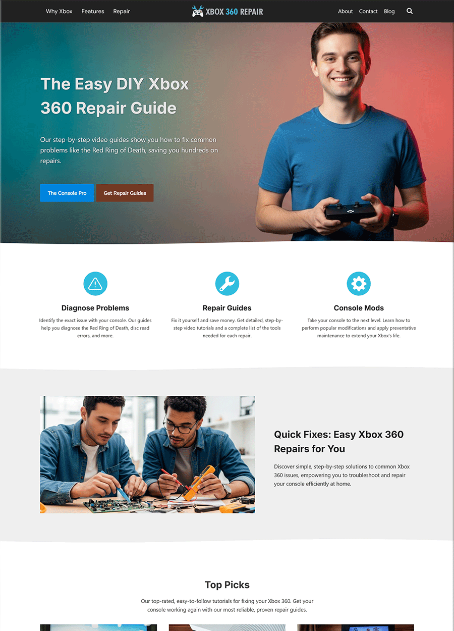 Screenshot of a sleek website template for XBox 360 repairs.