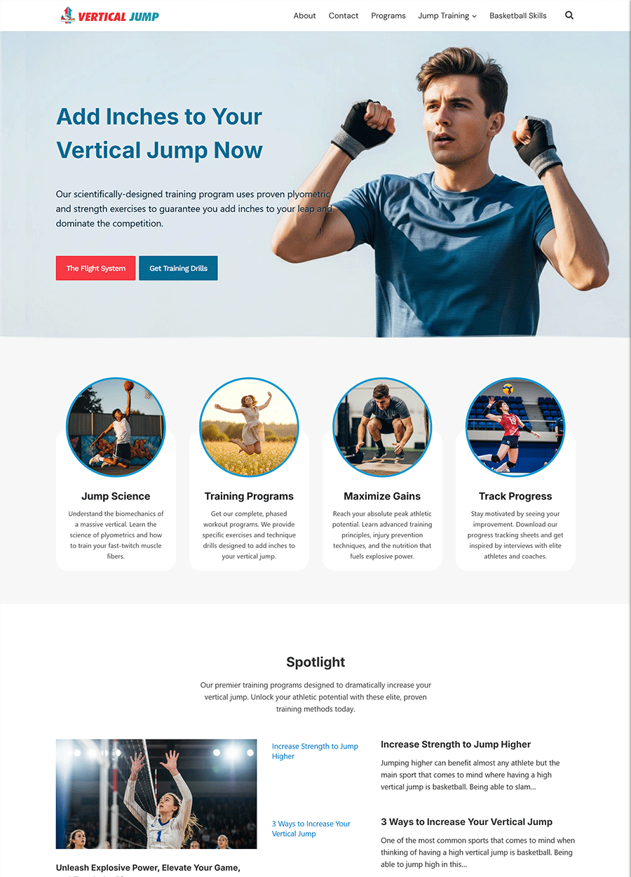 Screenshot of a high-converting vertical jump training website.