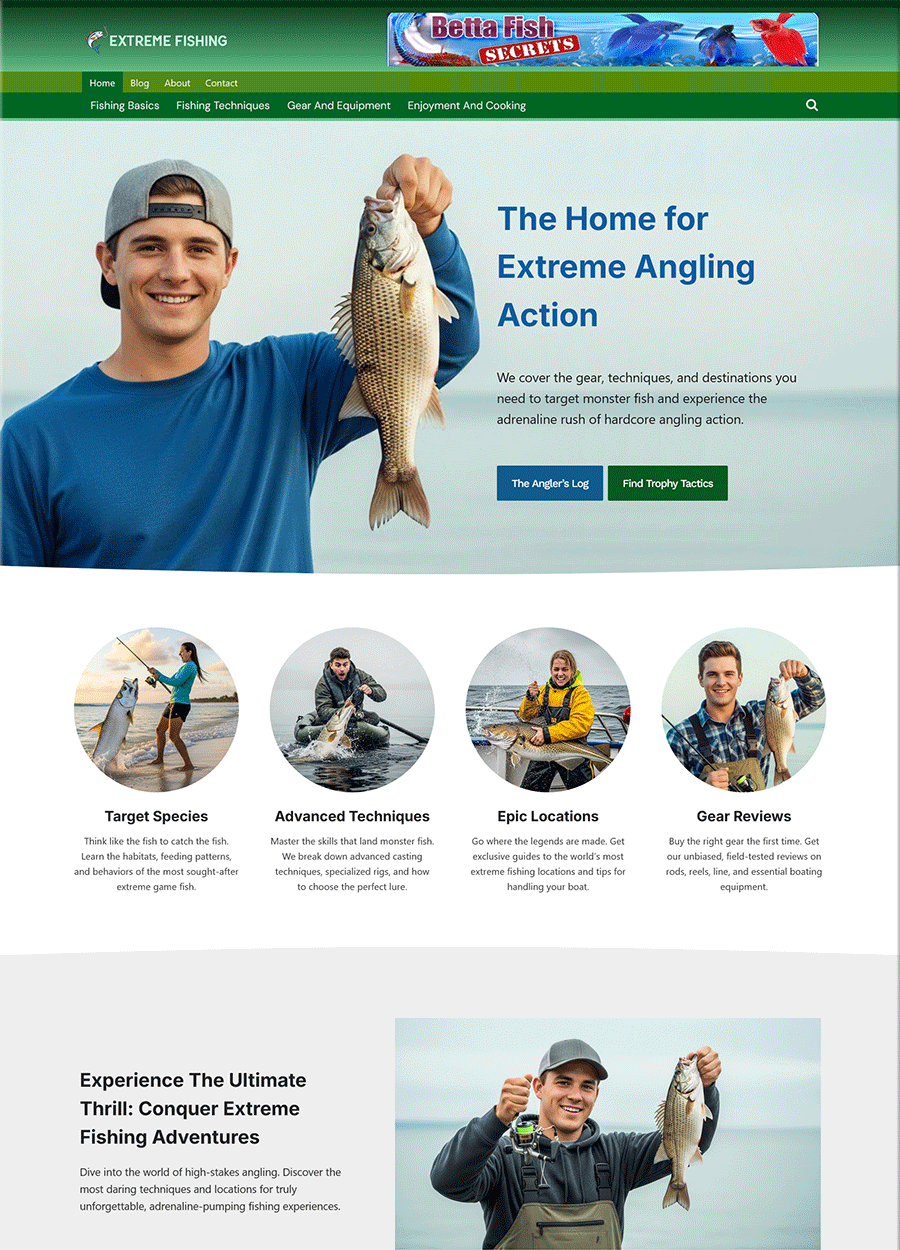 Modern Extreme Fishing Website Template Screenshot of a modern extreme fishing done-for-you website.
