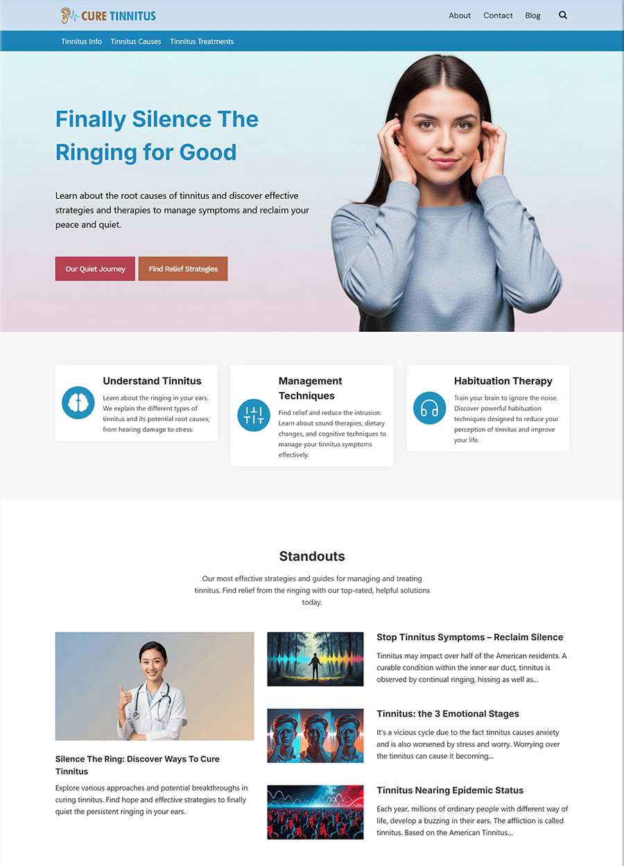 Screenshot of a strategic website template on how to cure tinnitus.