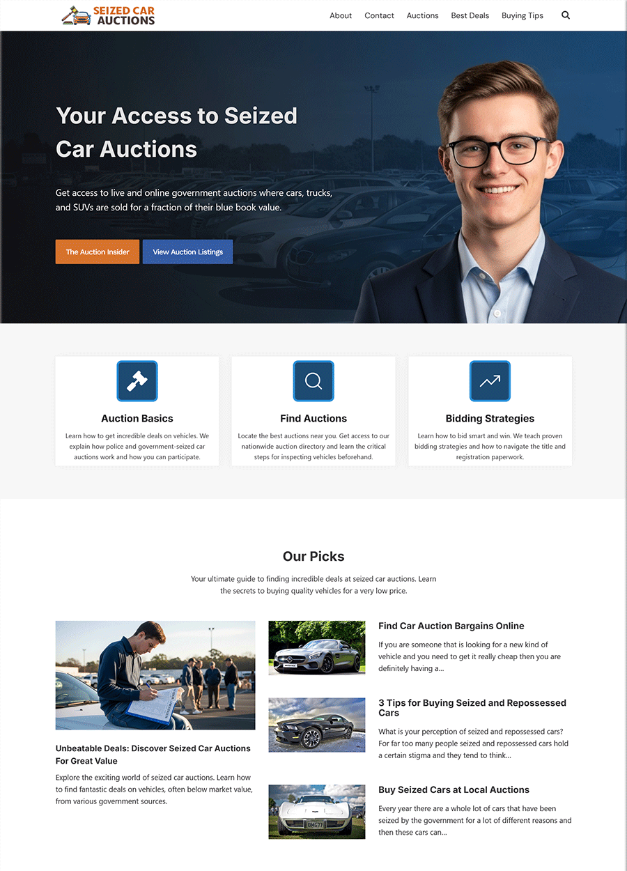 Modern Seized Car Auctions Website Design Screenshot of a modern turnkey website for seized car auctions.