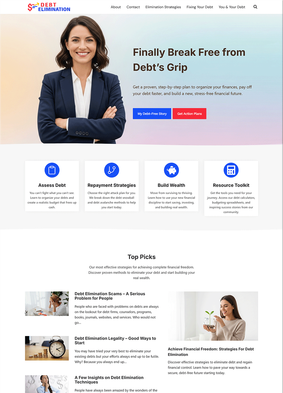 Screenshot of a professional debt elimination program website template.