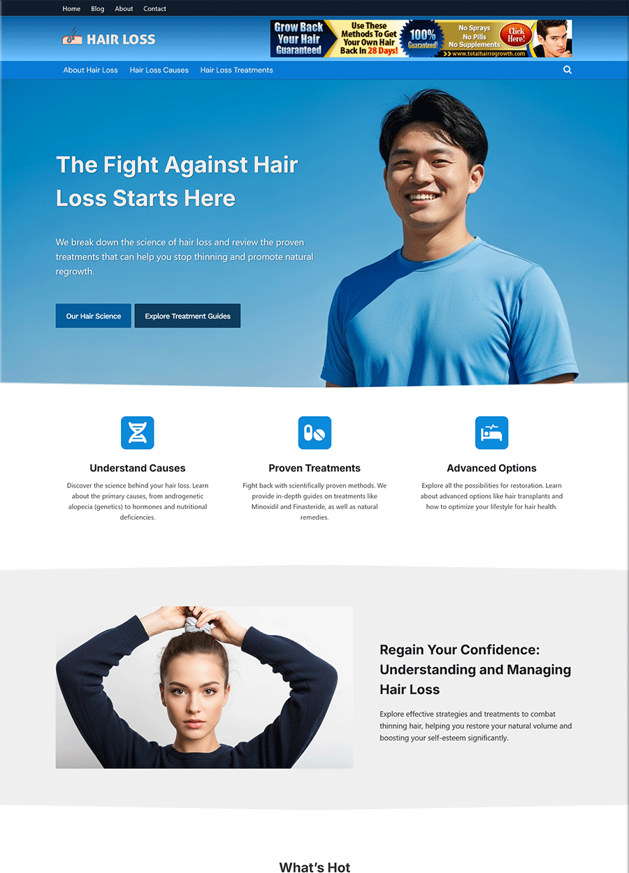 Screenshot of a premium website template for hair loss solutions.