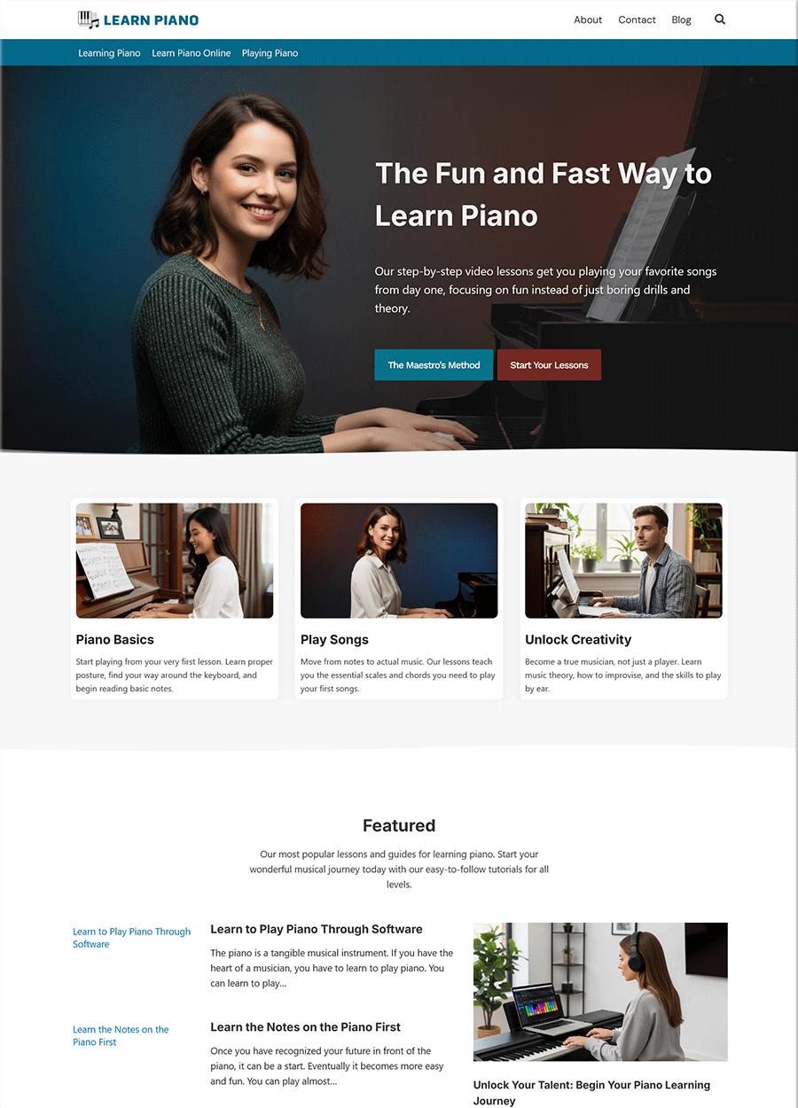 Modern Learn Piano Website Template Screenshot of a modern piano lesson and tutorial website template.