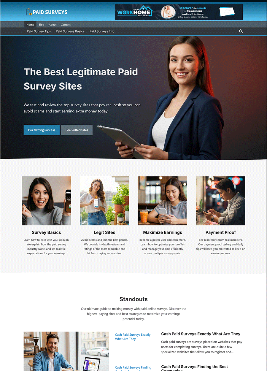 Screenshot of a strategic website template for paid online surveys.