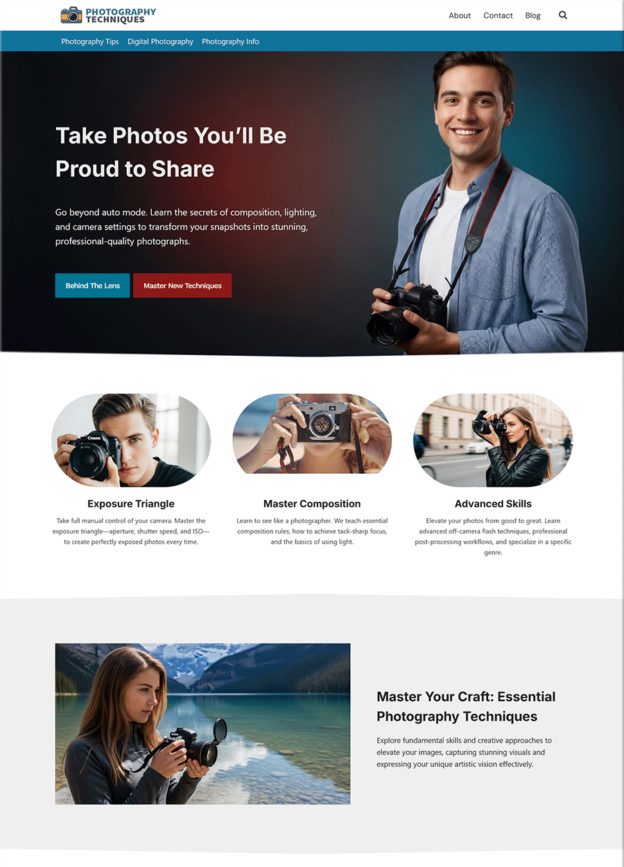 Premium Photography Techniques Website Kit Screenshot of a premium website for a photography techniques course.
