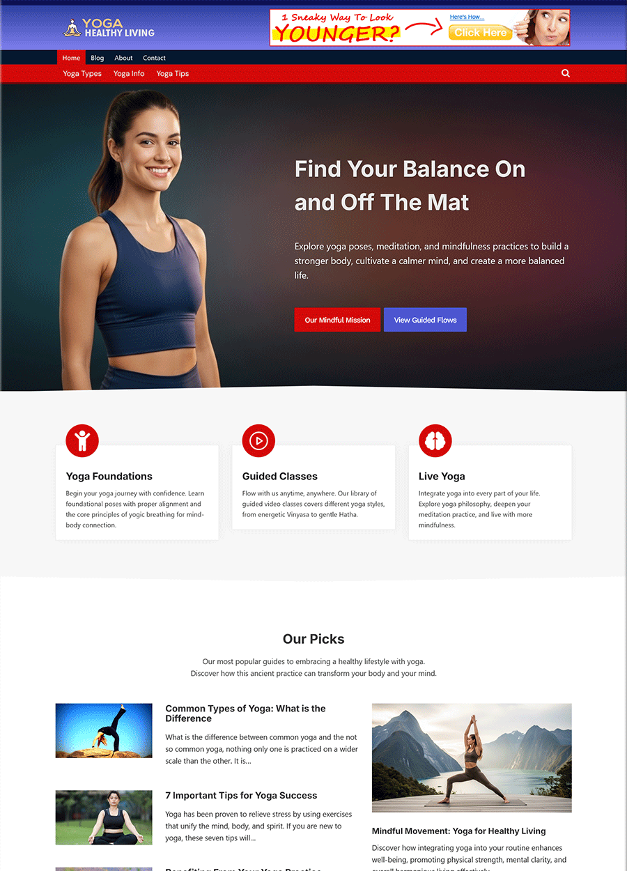 Screenshot of a clean and minimal website for yoga and healthy living.