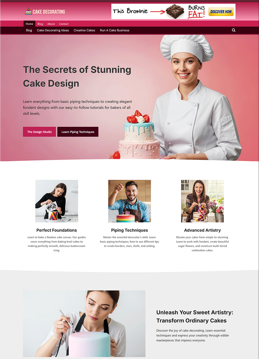 Screenshot of a polished turnkey website for cake decorating ideas.