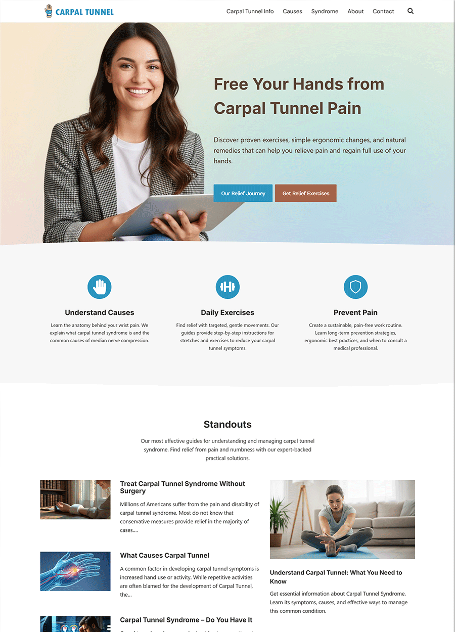 Screenshot of a website template focused on carpal tunnel relief.