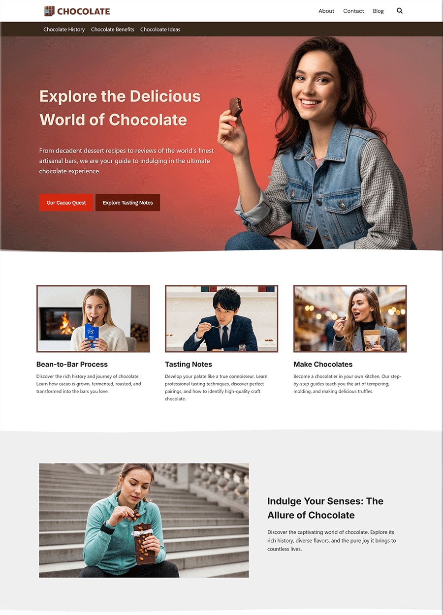 Decadent Chocolate Website Template Screenshot of a decadent, ready-made website template for chocolatiers.