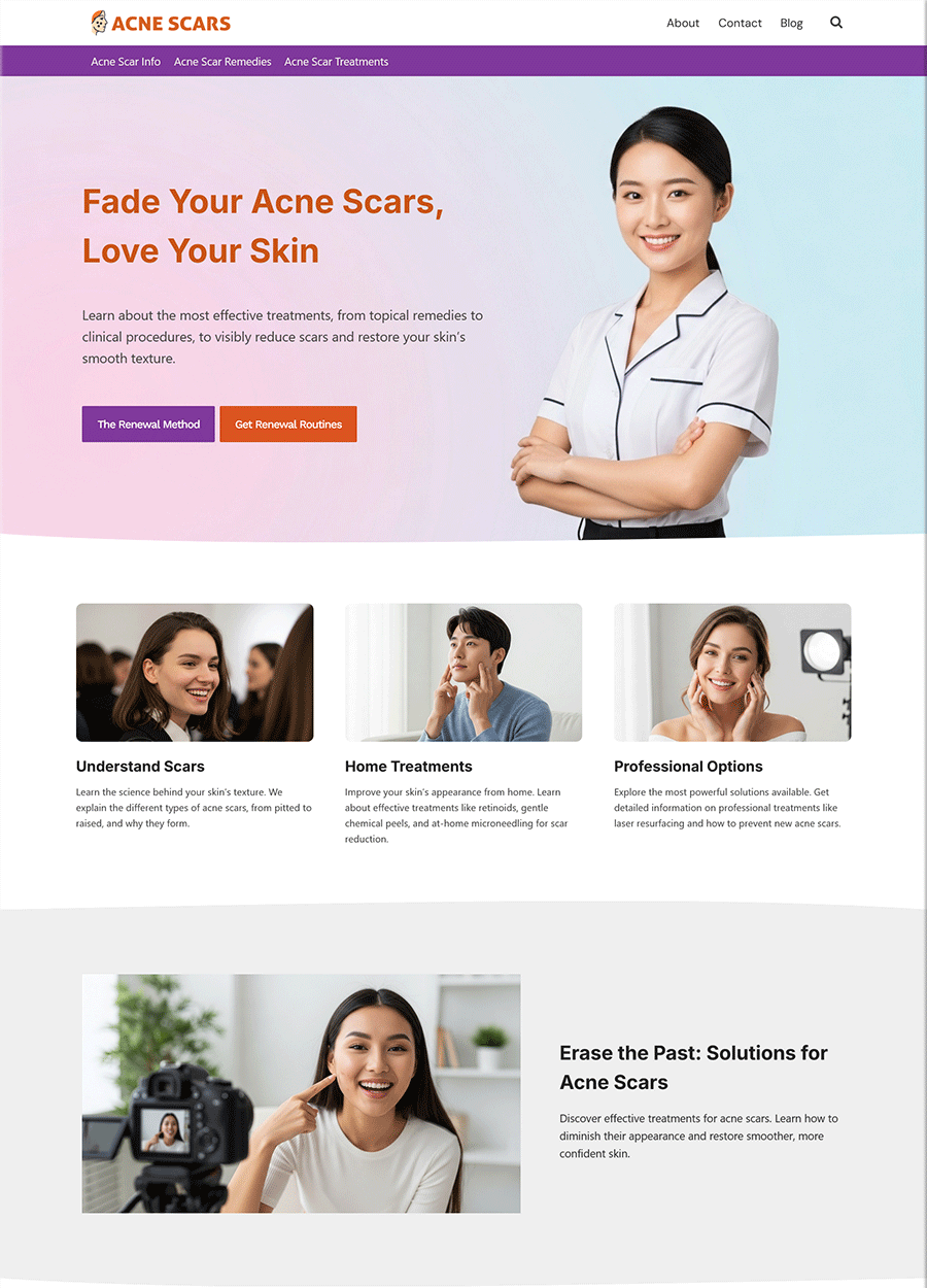 Screenshot of a website template for smoothing acne scars.