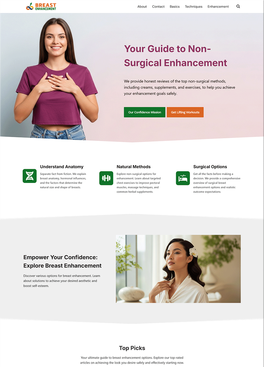 Screenshot of an empowering, ready-made breast enhancement website.