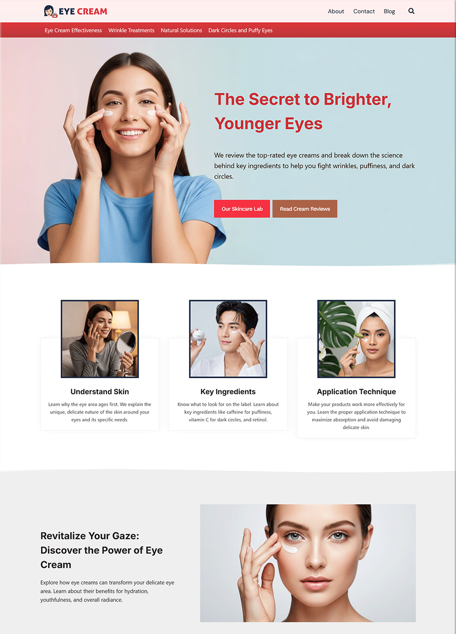 Screenshot of a ready-made website for an age-defying eye cream.